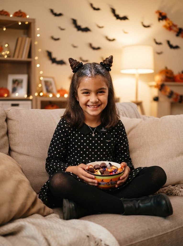 Girl with two glitter cat ear buns on top of her head