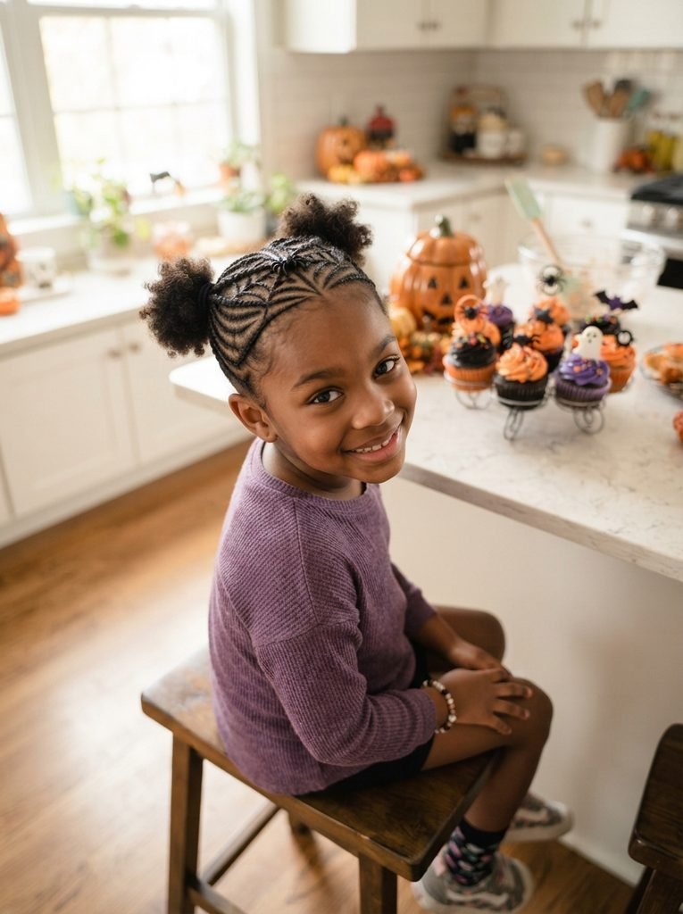 Girl with natural hair braided into spider web cornrows with two small puffs