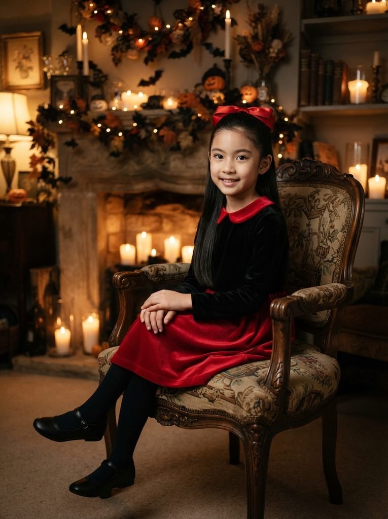 Girl with a sleek half-up hairstyle and a red satin bow for a vampire costume