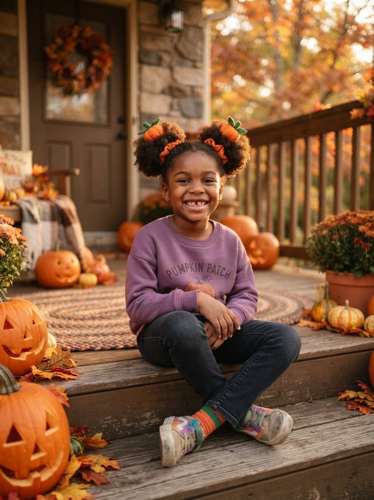 Girl with natural hair styled into two round pumpkin puffs with green felt stems