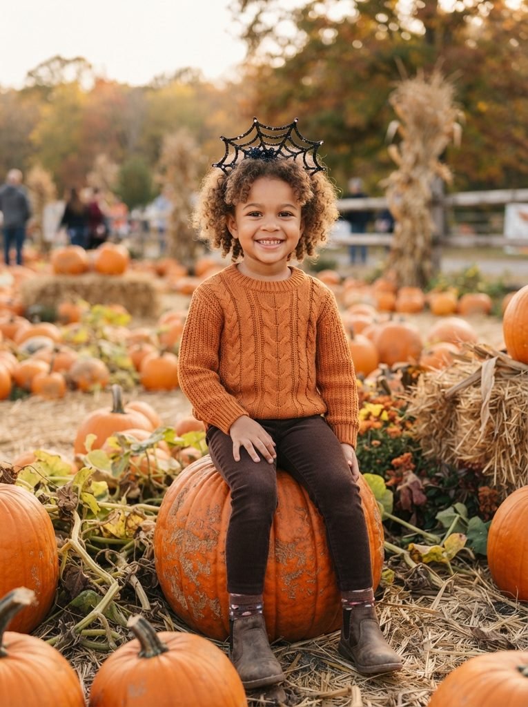  Little girl with short curly hair and a black glitter spider web headband
