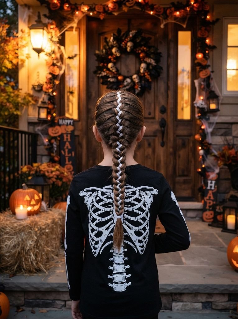 Girl with a fishbone braid woven with white ribbon to look like a skeleton spine