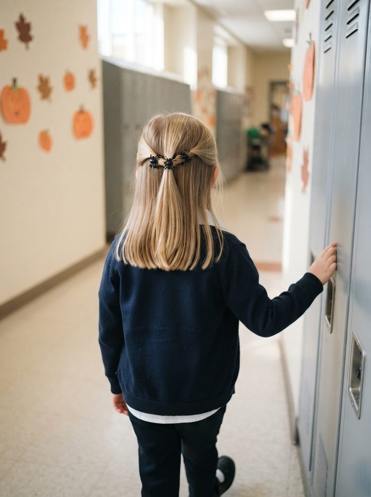 Girl with a half-up twist hairstyle held with small black spider clips at school