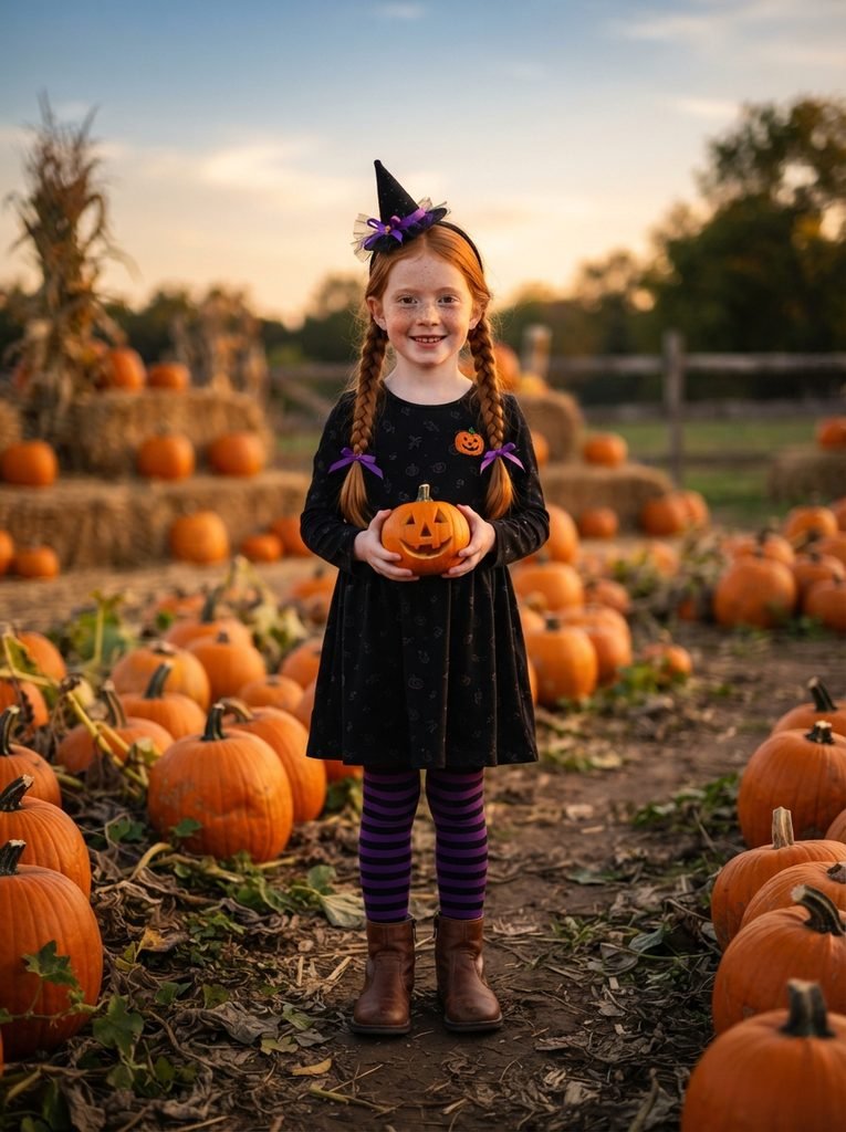 Girl with two braided pigtails and a mini witch hat headband