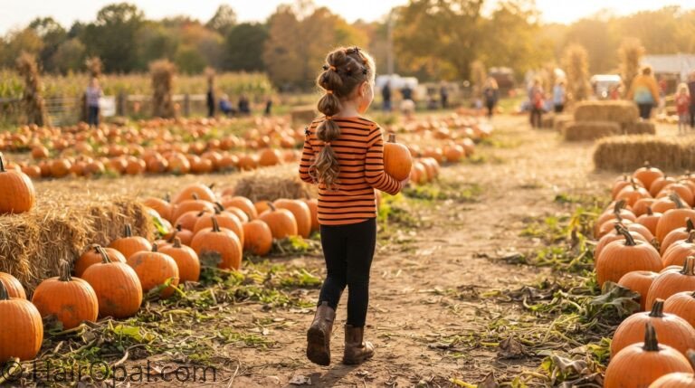 Girl with a spider bubble ponytail hairstyle walking through a pumpkin patch