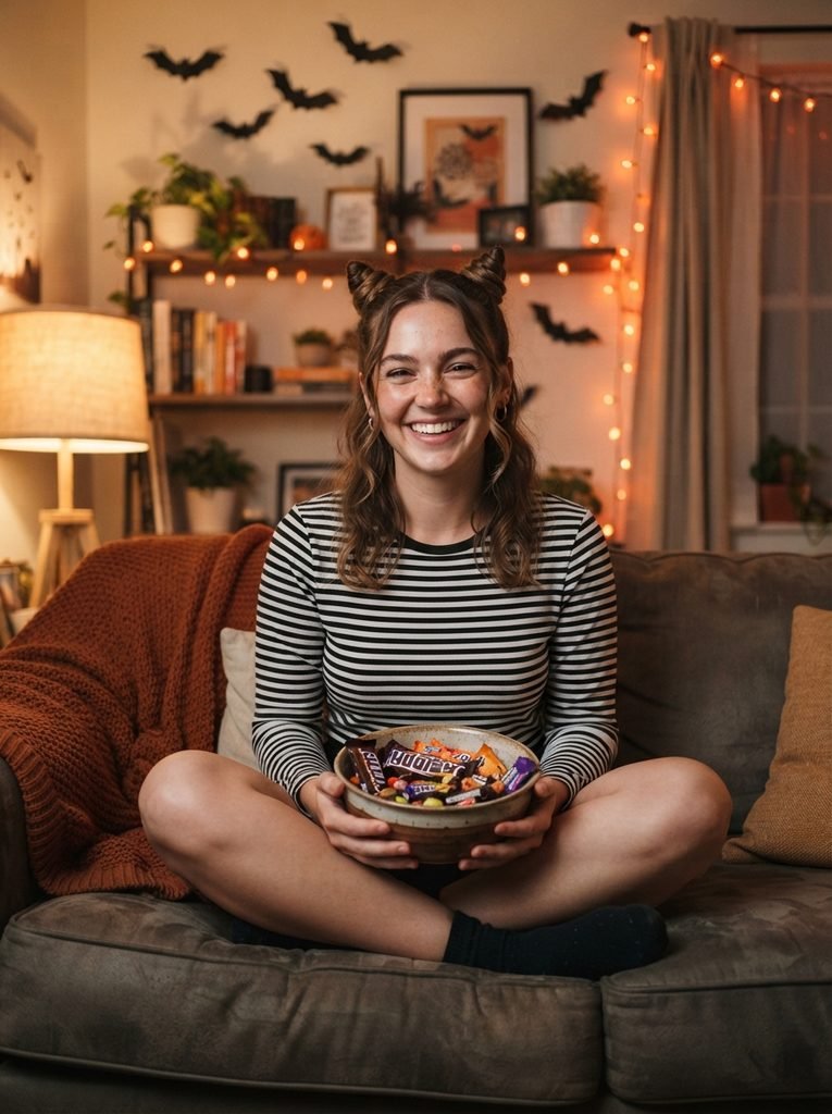 Woman with shoulder-length brown hair styled into two cat ear space buns at home