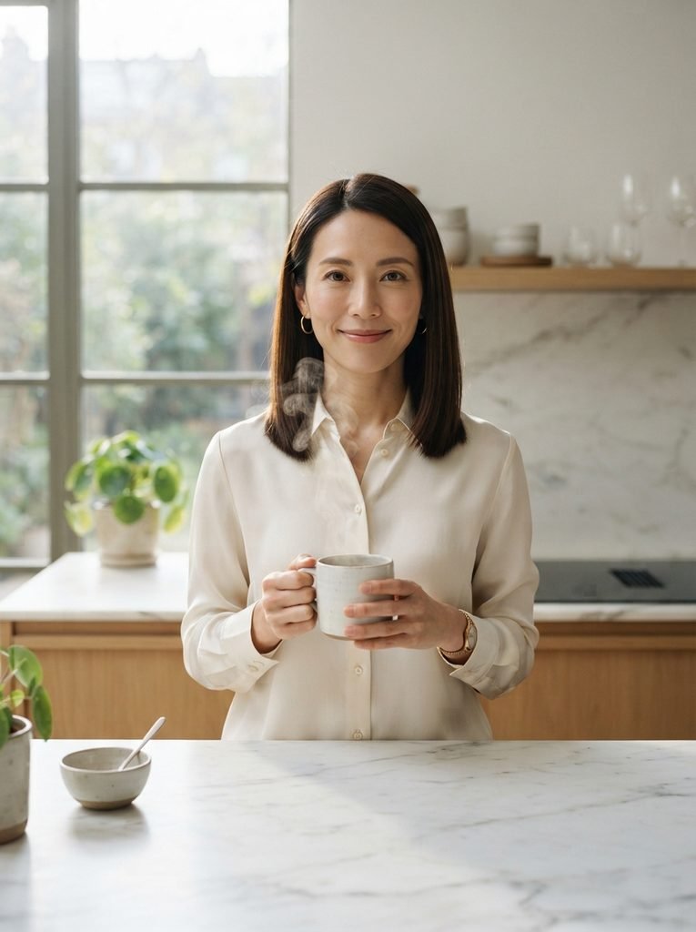 Woman with shoulder-length straight soft black coffee brown hair in a minimalist kitchen