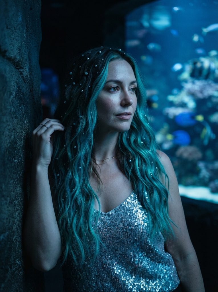 Woman with long mermaid waves with teal streaks and pearl pins in blue lighting