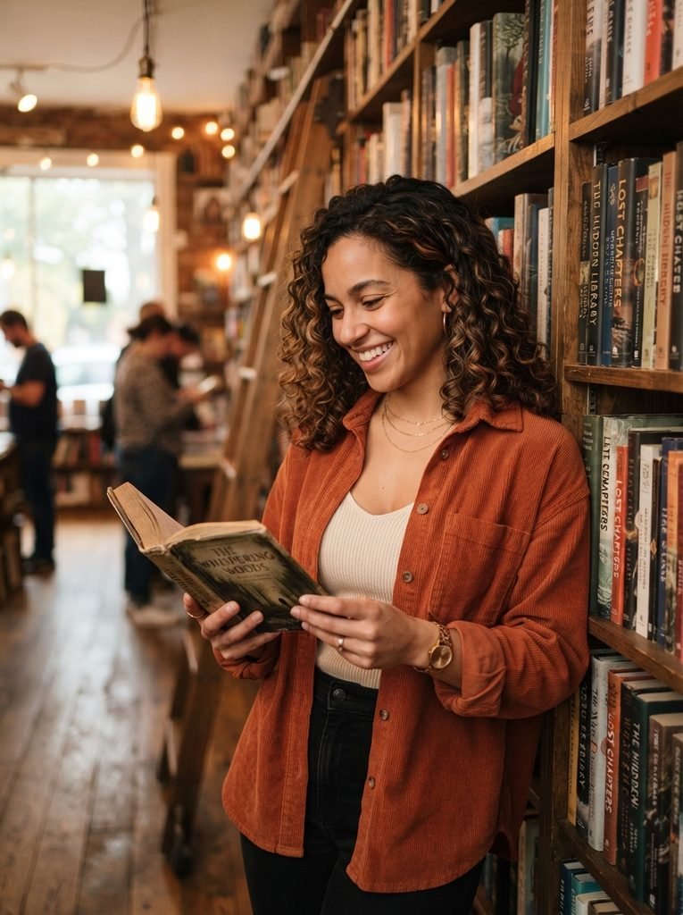 Woman with curly dark chocolate hair with caramel highlight ribbons in a bookstore