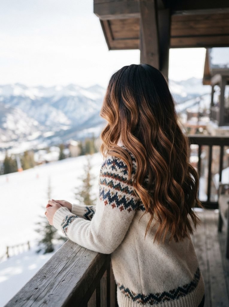 Woman with long wavy hair melting from espresso roots to cinnamon brown ends at a ski lodge