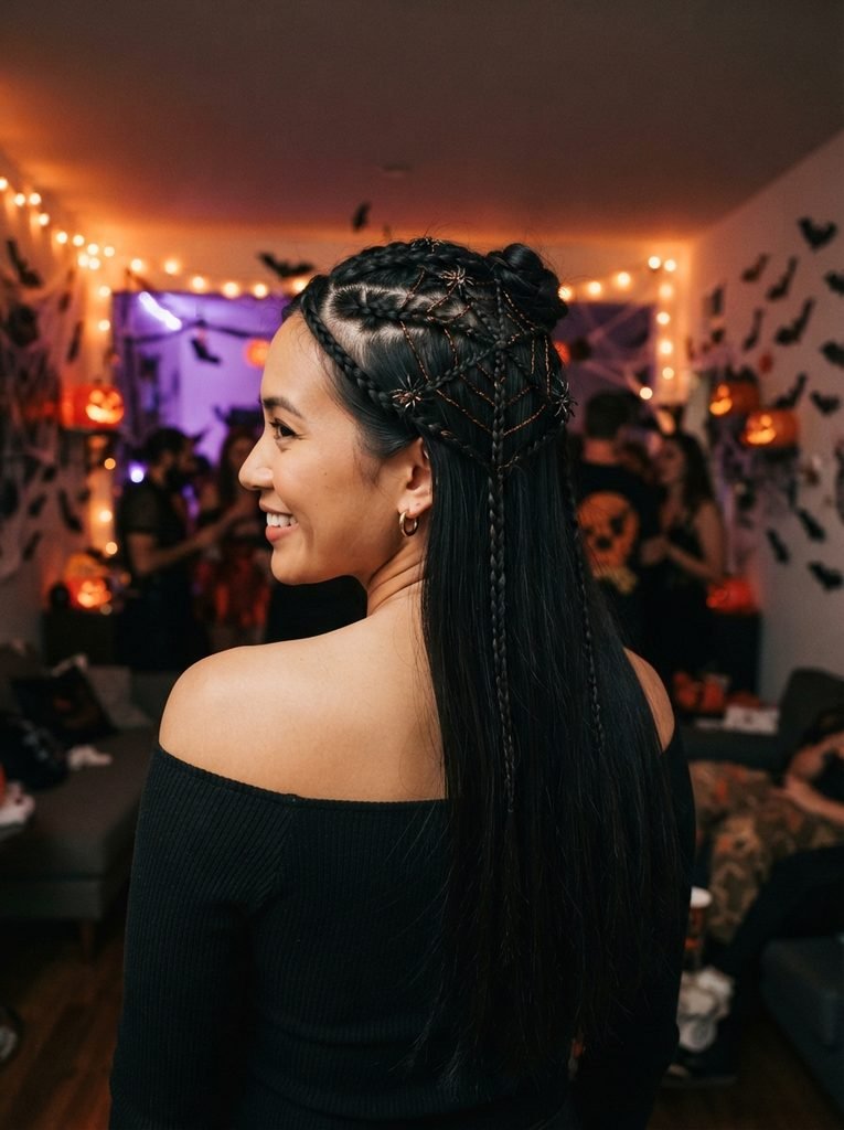  Woman with long black hair in a half-up spider web braid pattern with small spider clips