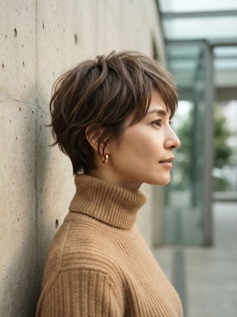  Woman with a textured pixie cut in smoky mushroom brown hair color