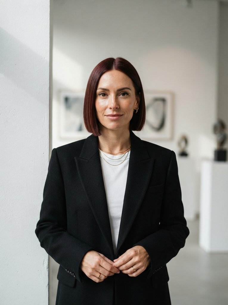 Woman with a chin-length blunt bob in chocolate cherry brown hair color
