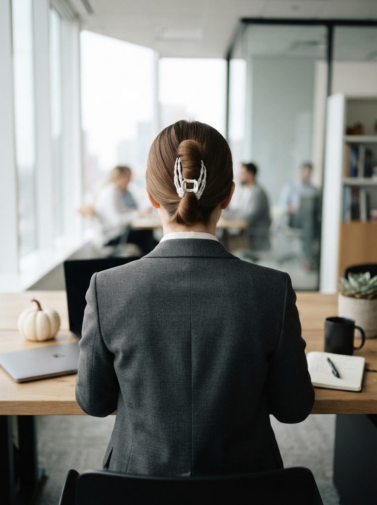 Woman with a sleek low twist hairstyle held by a white skeleton hand claw clip at the office