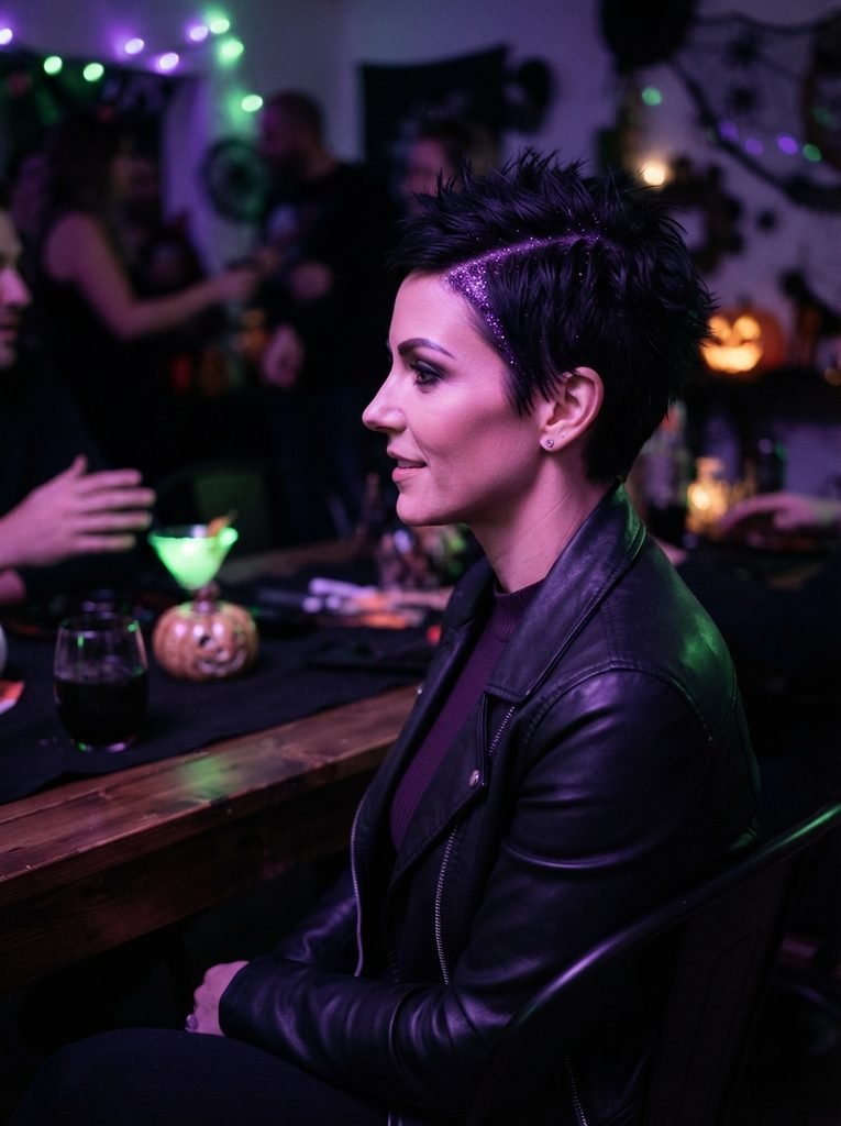  Woman with a short textured black pixie cut with purple glitter along the part