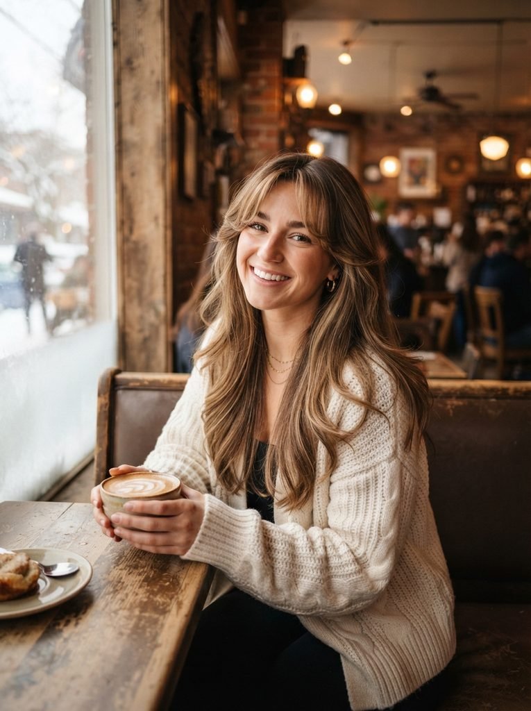 Woman with long layered toasted hazelnut brown hair and curtain bangs in a café