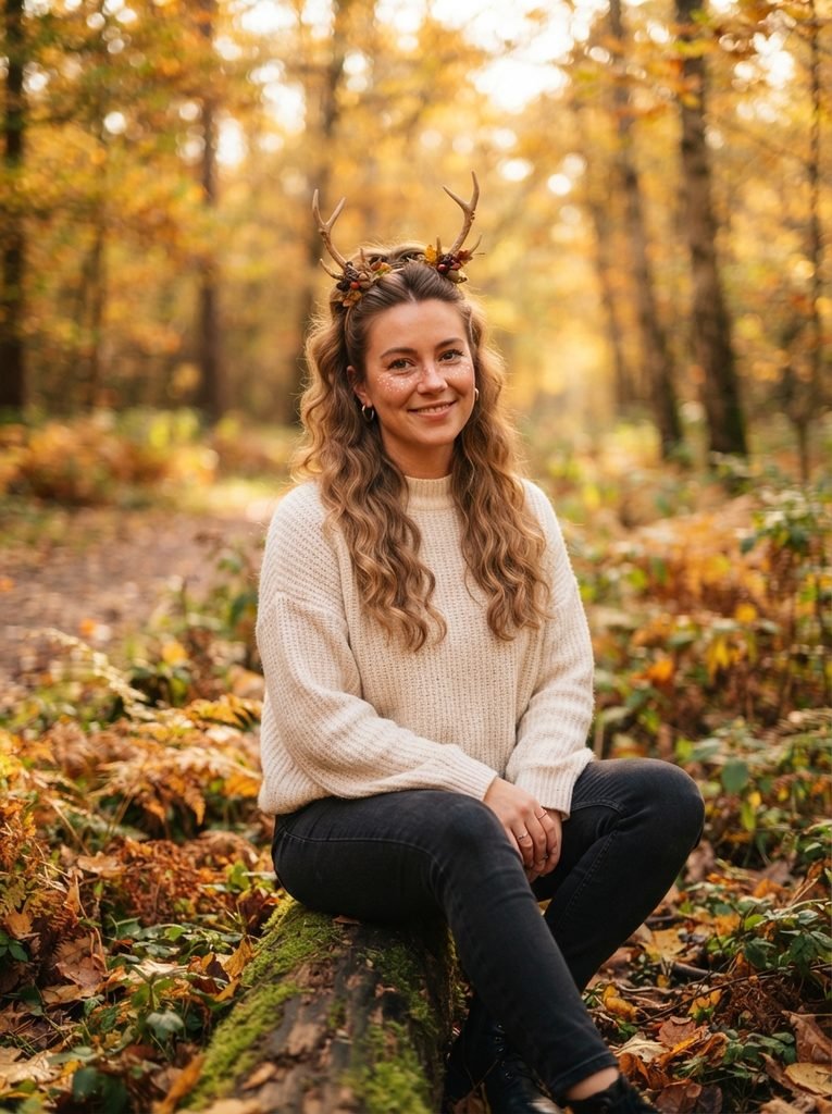 Woman with soft brown half-up waves and a small antler headband in an autumn forest