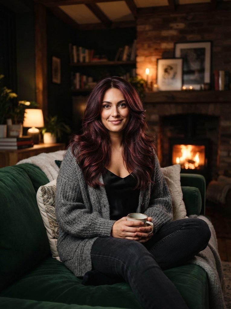 Woman with long voluminous cherry cola brown hair with red violet tones by a fireplace