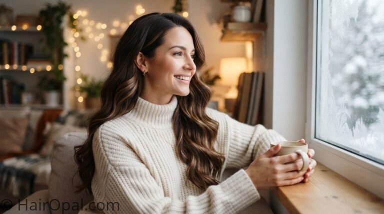 Woman with long glossy espresso brown hair and soft mocha balayage sitting by a frosted winter window