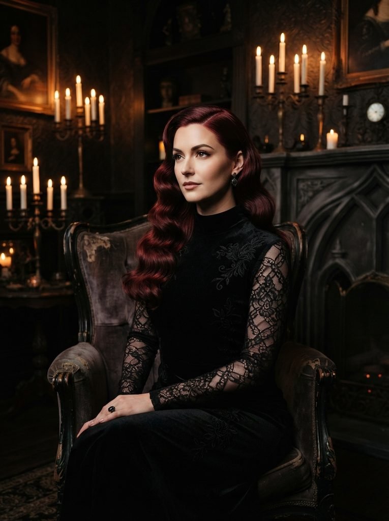 Woman with long deep wine red vampire glam waves and a deep side part in a candlelit room
