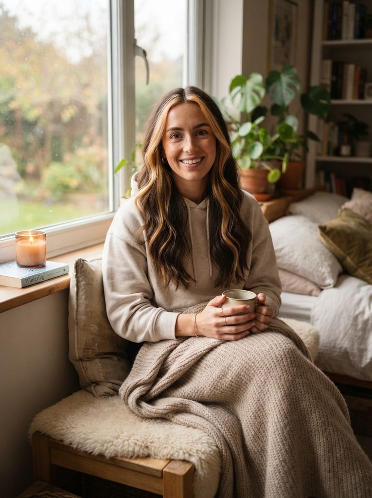 Woman with long dark brown hair and a honey blonde money piece framing her face