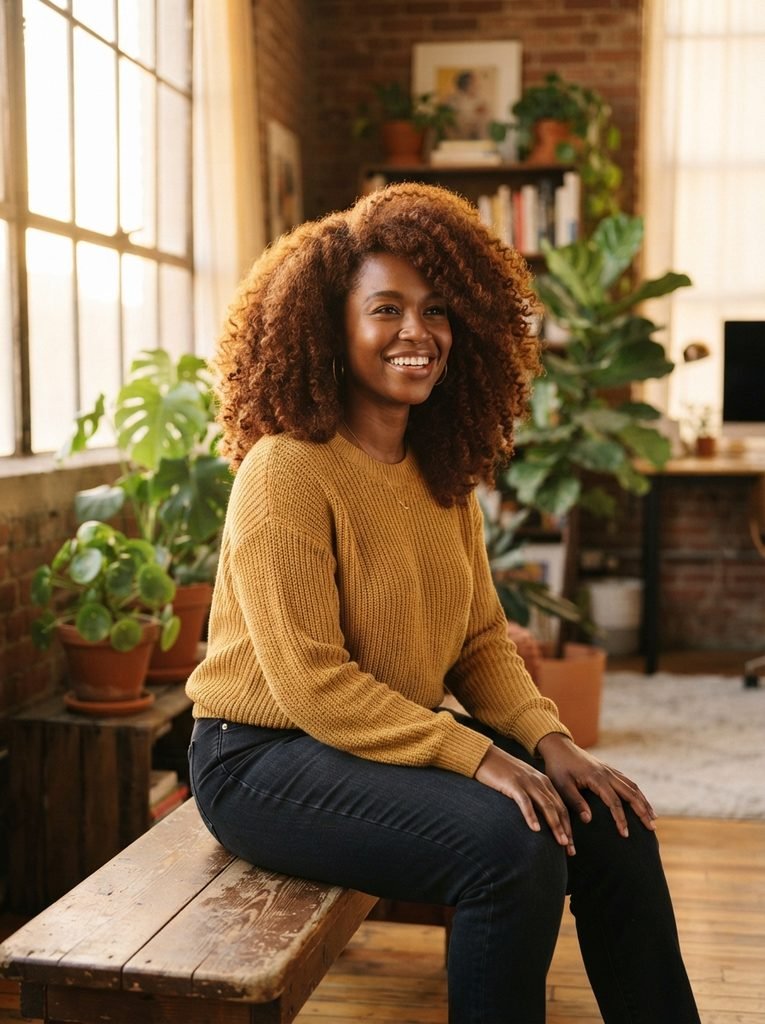 Woman with voluminous natural coily hair in rich auburn brown color