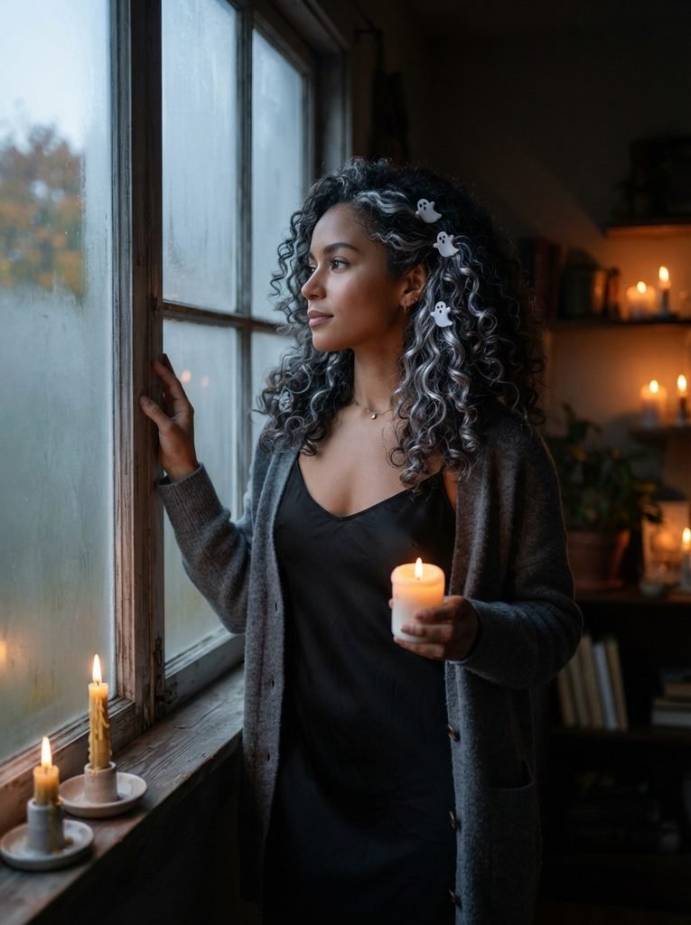 Woman with voluminous curly hair with silver streaks and small white ghost clips