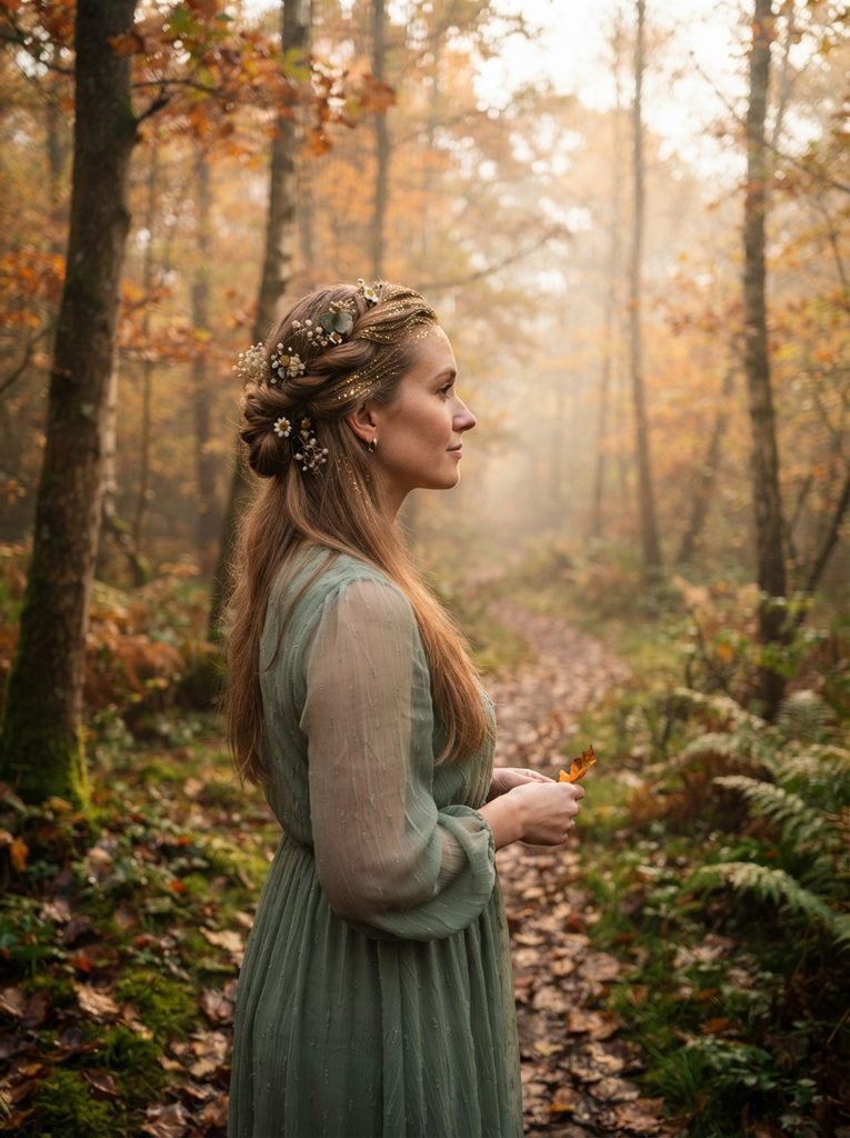 Woman with a loose fairy updo woven with tiny flowers and gold glitter in an autumn forest