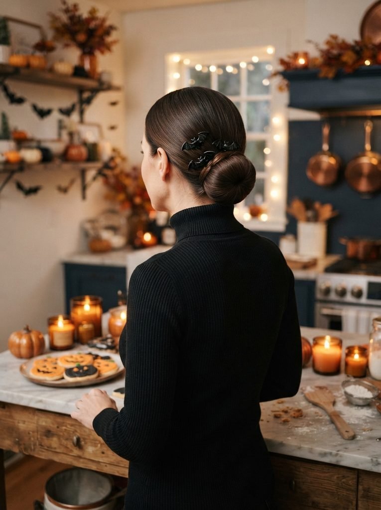 Woman with a sleek low bun decorated with small black bat hair clips