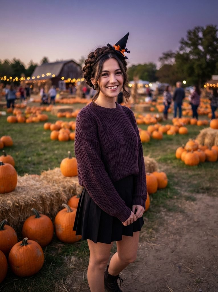 Woman with a braided crown hairstyle and a mini black witch hat in a pumpkin patch