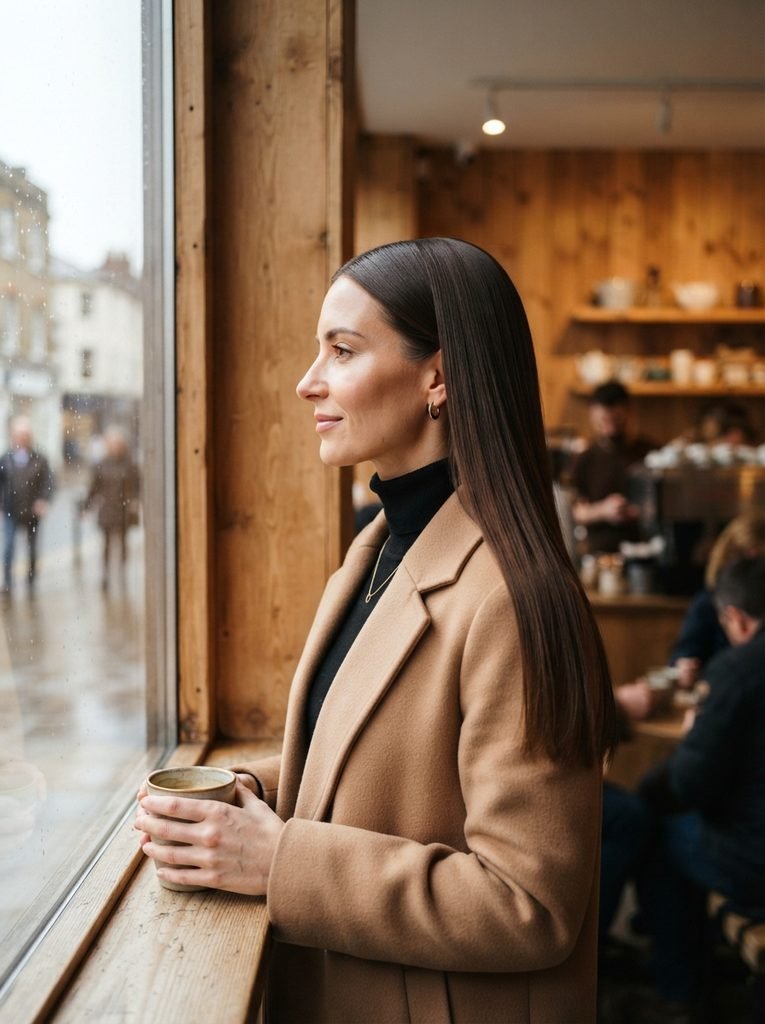 Woman with long sleek espresso brown hair with high-gloss shine in a café