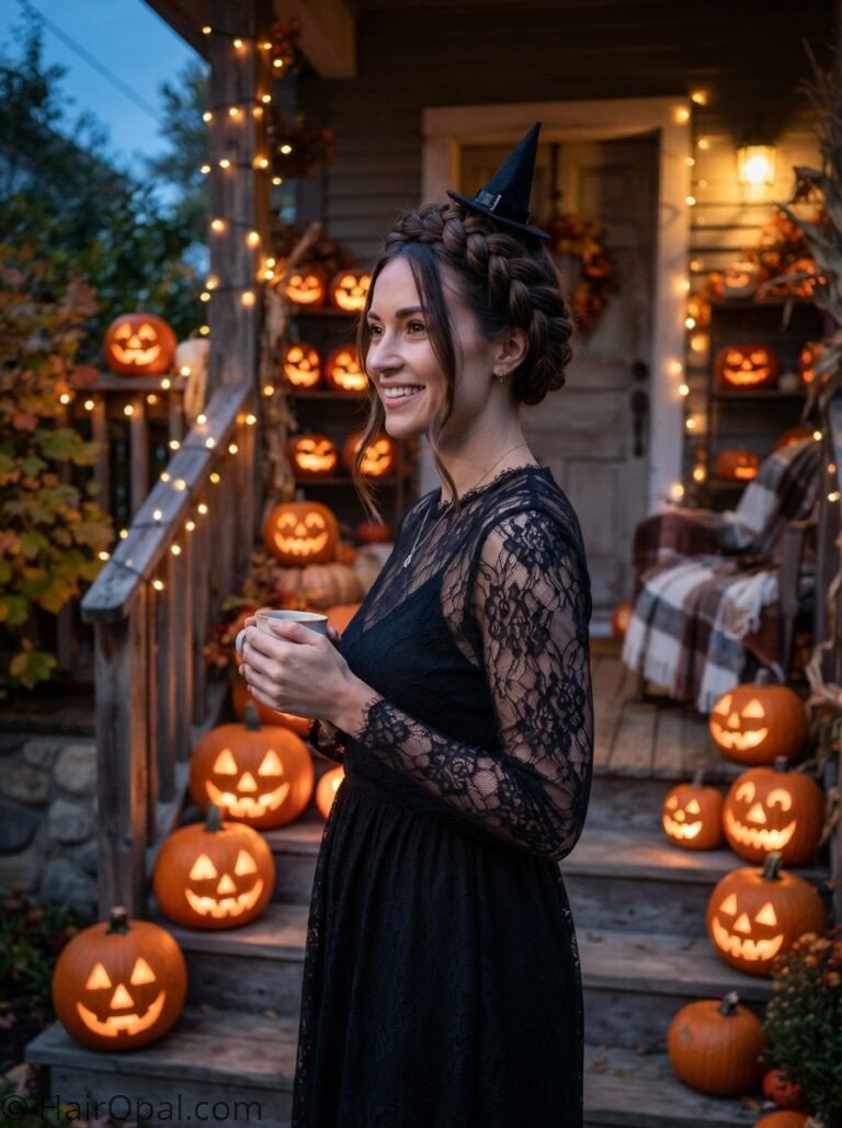 Woman with a braided crown hairstyle and a mini witch hat on a pumpkin-lit porch at dusk
