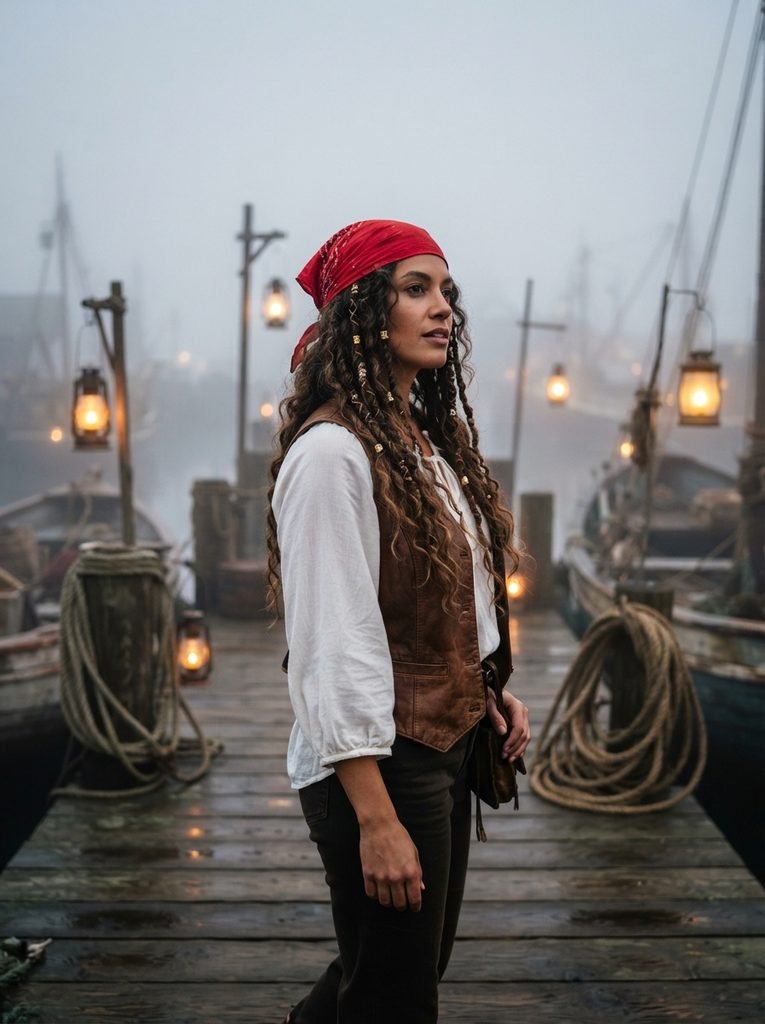 Woman with loose pirate braids, gold beads and a red bandana on a foggy dock