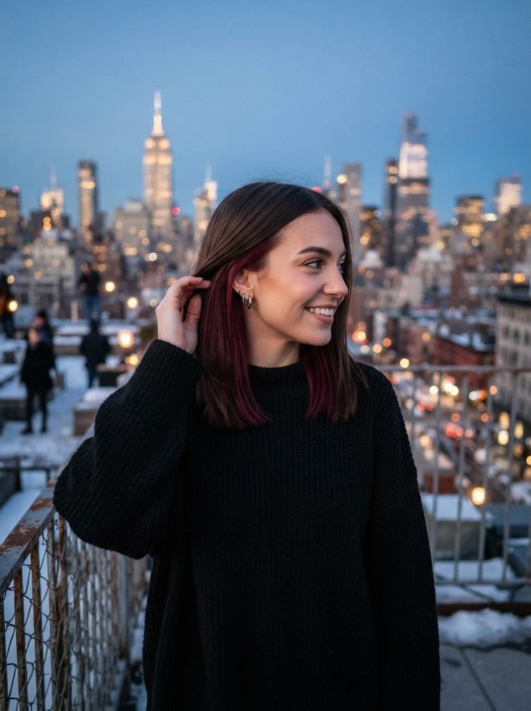 Woman with dark brown hair with a hidden burgundy peekaboo underlayer