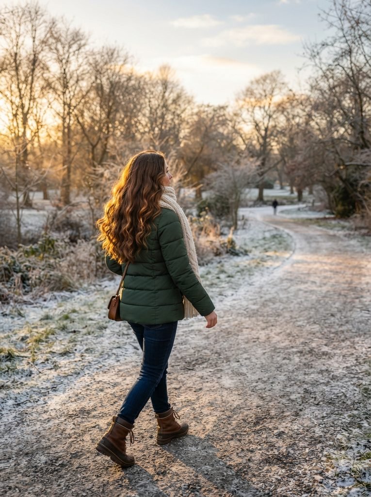 Woman with long chestnut brown wavy hair with copper glow in a winter park