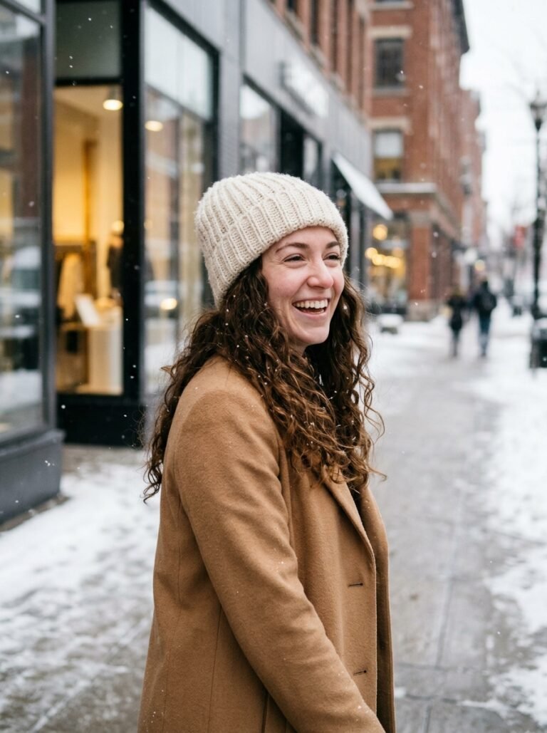 Woman with long curly hair wearing a cream knit beanie on a snowy street