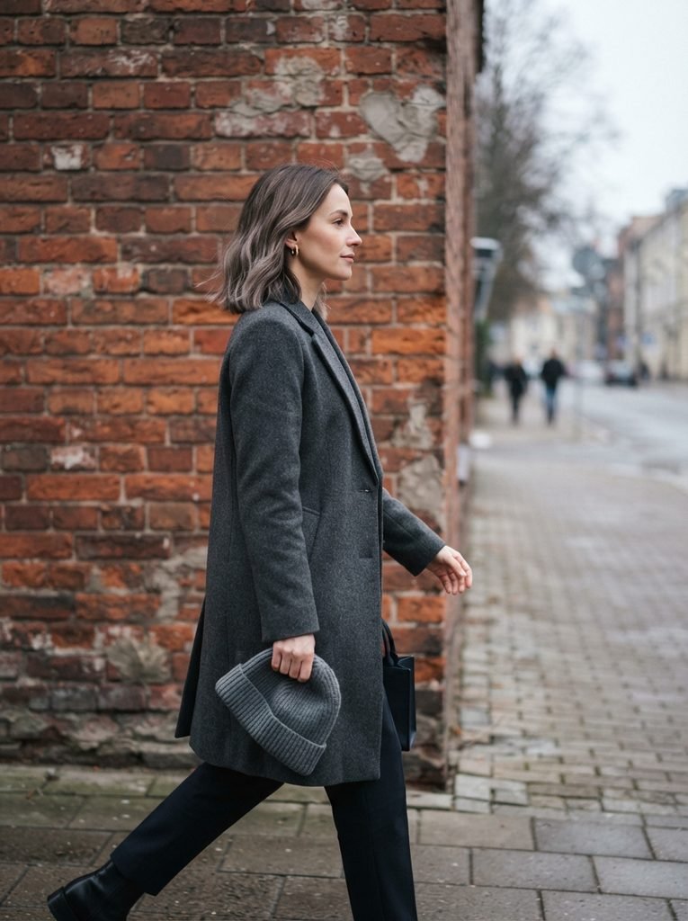  Woman with a collarbone-length lob in cool ash brown hair color on a city street